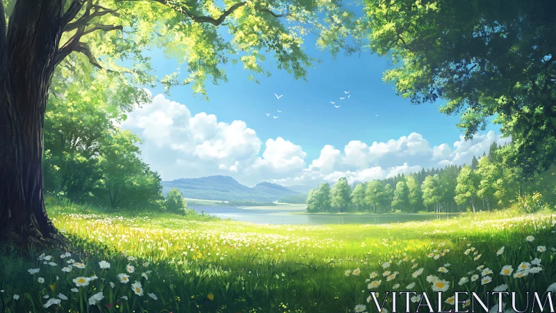 High-luminance lakeside meadow with depth-layered tree canopy