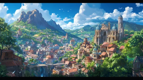 Panoramic hilltop cityscape shows cathedral-dominated skyline under volumetric clouds