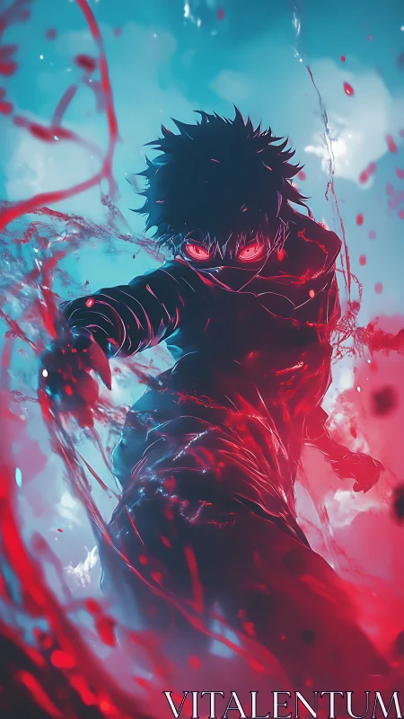 Crimson stormcaster unleashing neon fury in frozen sky.