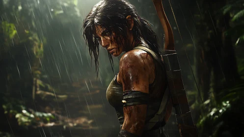 Rain‑scarred jungle huntress pauses in stormlit resolve.