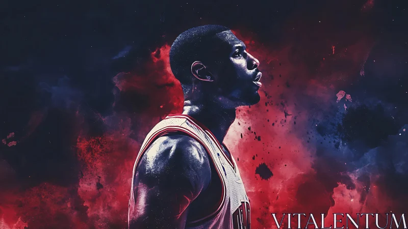 Basketball player profile with abstract red and blue backdrop.