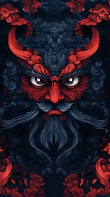 Fiery horned spirit with swirling midnight-blue beard gaze.