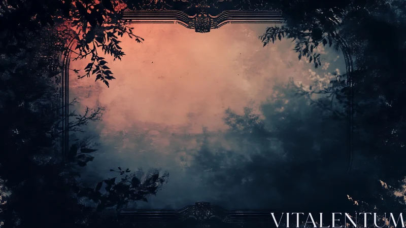 Moody forest frame with dark leaves and glowing sky.