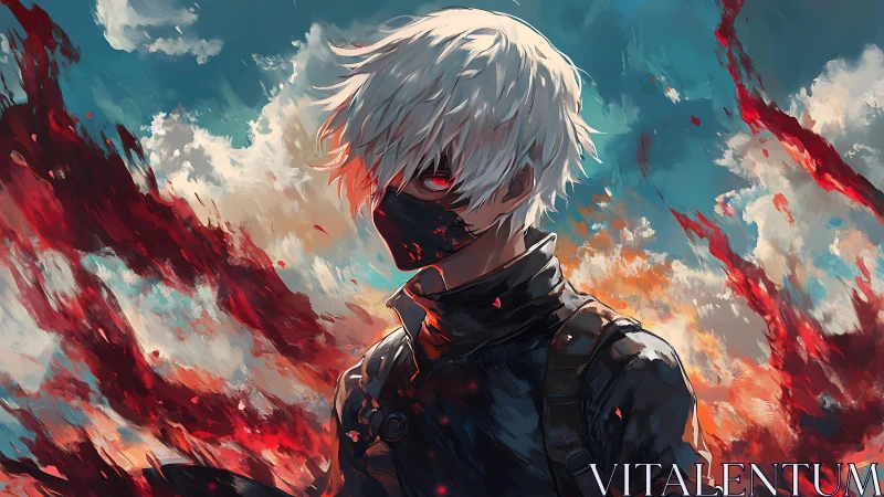 Masked ember-eyed drifter under a storm of burning skies.