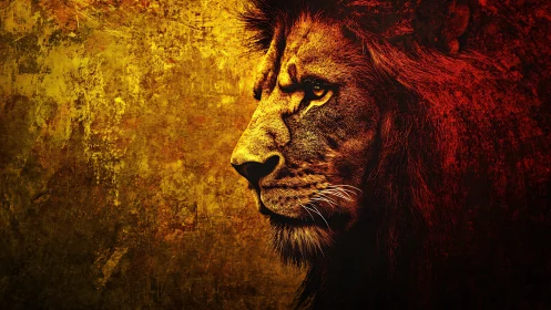 Lion profile in intense red and gold textured light.