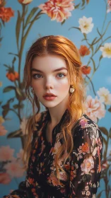 Floral daydream crowns a red‑haired gaze with quiet fire