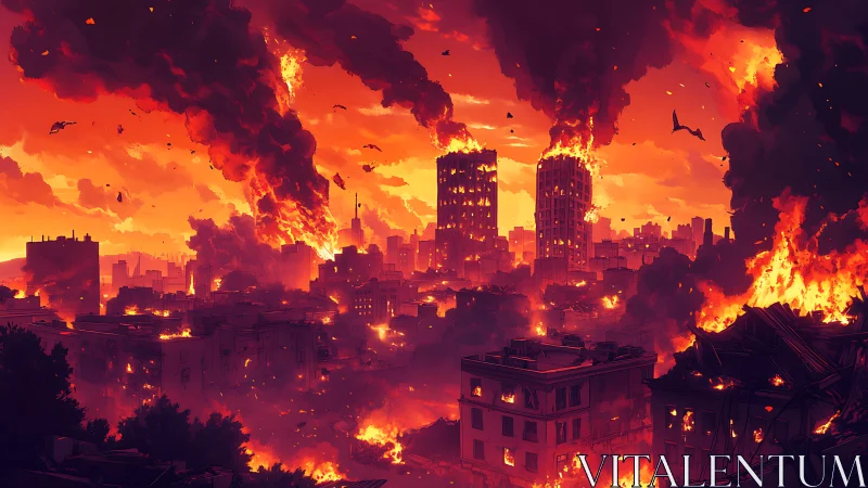 Urban Inferno: Apocalyptic Cityscape Engulfed in Cascading Flame