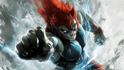 Fierce red‑haired warrior explodes forward in icy energy.