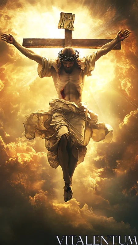 Radiant crucifixion amid glowing, storm-swept heavens.