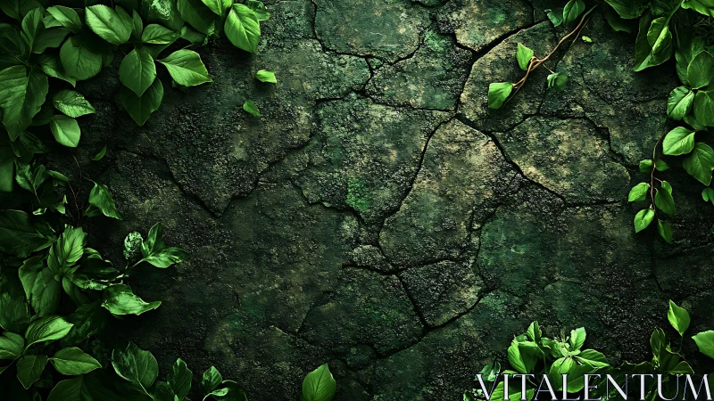 Cracked green stone surface bordered by dense leafy plants