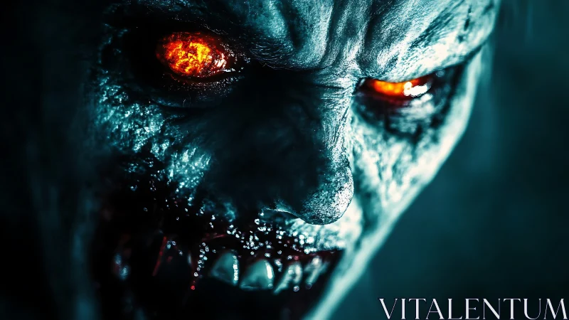Demonic undead face with burning eyes and bloodied fangs