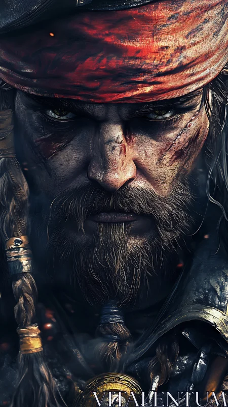 Battle-scarred pirate captain glares with intense resolve