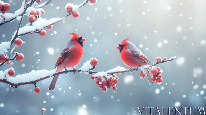 Vibrant cardinals perched on snowy berry branches, photorealistic winter scene.