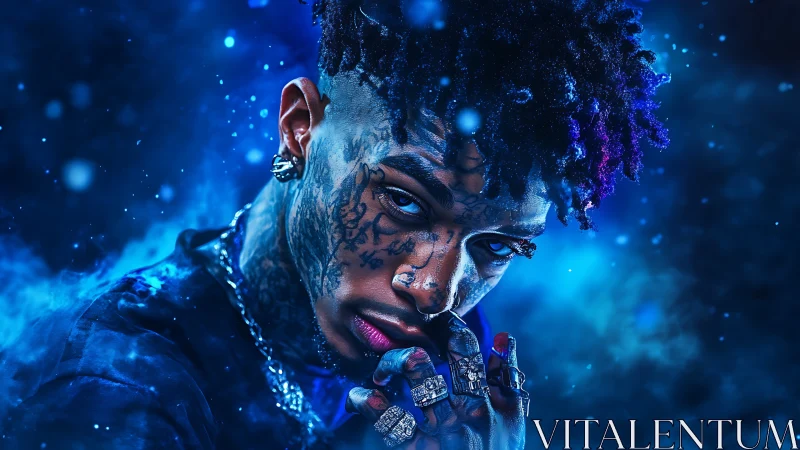 Tattooed man in blue neon light with intense expression.