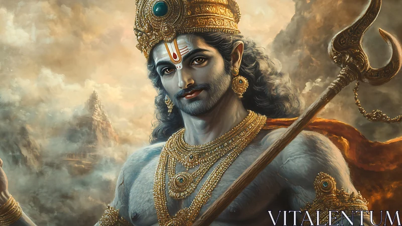 Divine warrior deity with trident amid mythic mountain mist.
