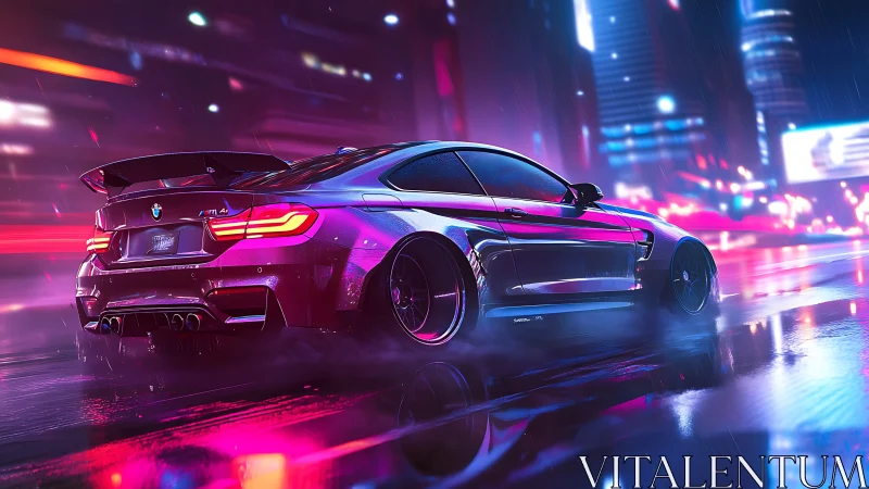 Neon storm coupe drifting through rain-glazed cyber streets.