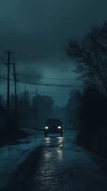 Car headlights on wet rural road under dark cloudy sky.