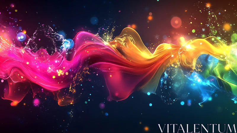 Colorful fluid light trails move across dark digital background.