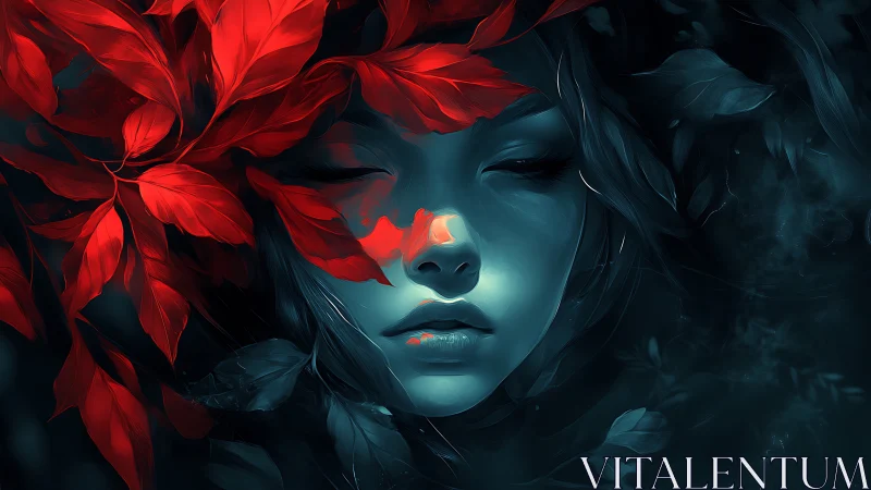 Digital portrait shows closed-eyed face framed by red foliage