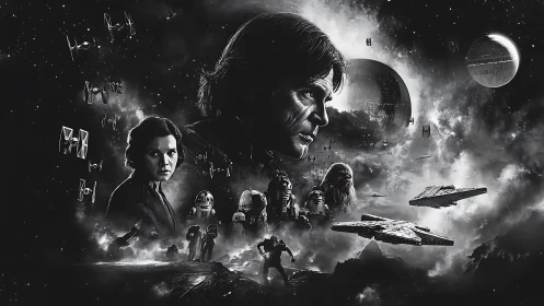 Epic space saga collage with heroic faces and starships.