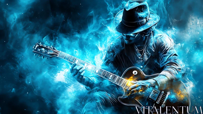 Guitarist in blue smoke playing electric guitar dynamically