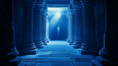 Mystic blue temple hall with glowing central statue.