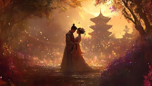 Couple in Traditional East Asian Wedding Ceremony Under Pagoda.