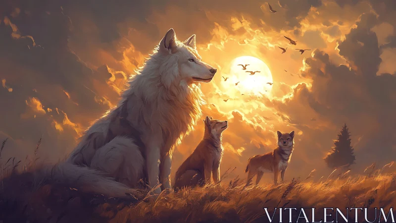 Sunlit wolf guardian and cubs bathed in ember-gold sky.