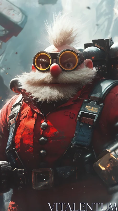 Steampunk dwarf engineer in red suit with goggles.