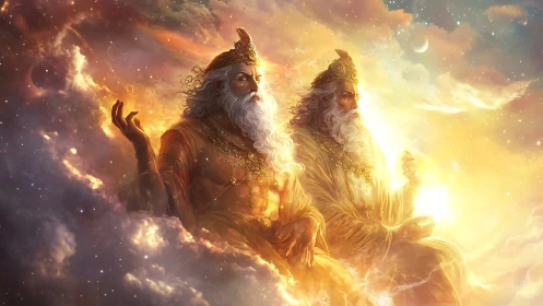 Celestial twin deities rendered in luminous volumetric nebula clouds
