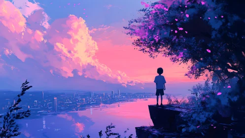 Skyline daydreamer under candy-floss twilight clouds.