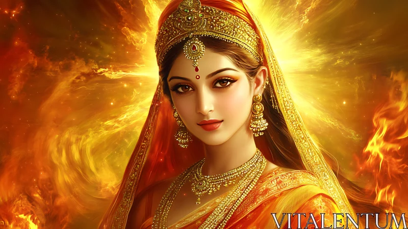 Radiant fire goddess in golden sari and glowing crown.