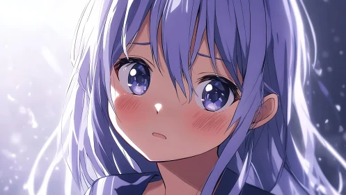 Close-up portrait of blue haired anime girl with blush marks.