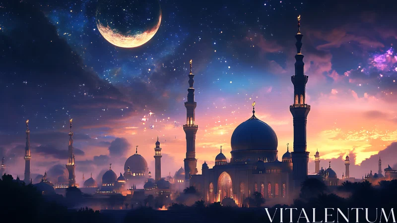 Mosque skyline stands under crescent moon and dense starfield