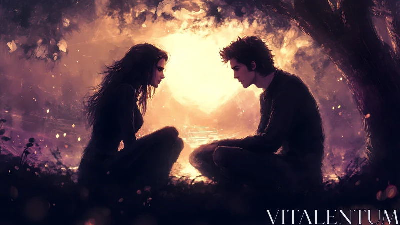 Two silhouettes embrace within luminous cavern portal.