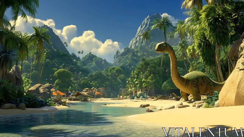 Sauropod in Tropical Lagoon Valley with Palms.