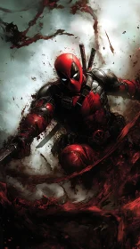 Masked red-suited swordsman cuts through swirling dark debris