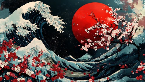 Large stylized wave and cherry blossoms before red sun.