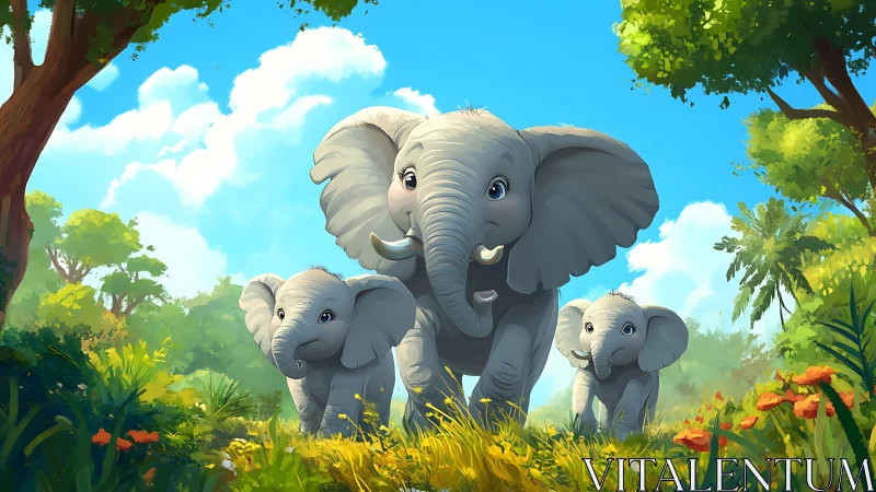 Elephant family strides through sunny cartoon jungle scene.