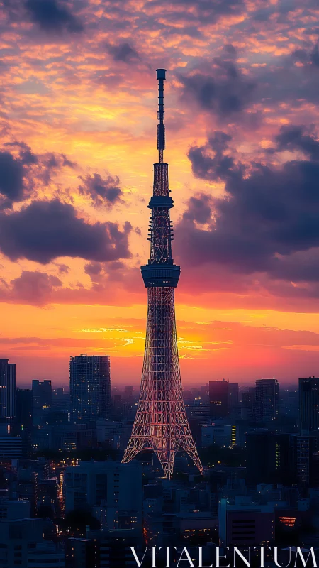 Telecommunications lattice tower at dusk against radiant sky.