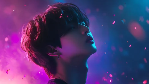 Side profile portrait in neon bokeh light environment.