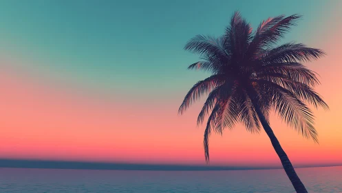 Single palm tree silhouette against gradient sunset sky.