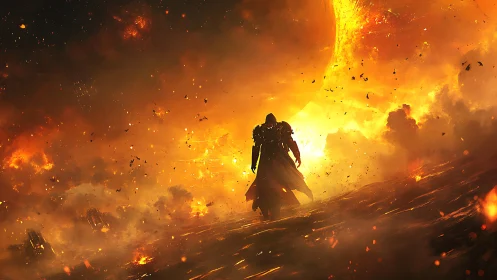 Lone armored wanderer walking through a burning orange sky.