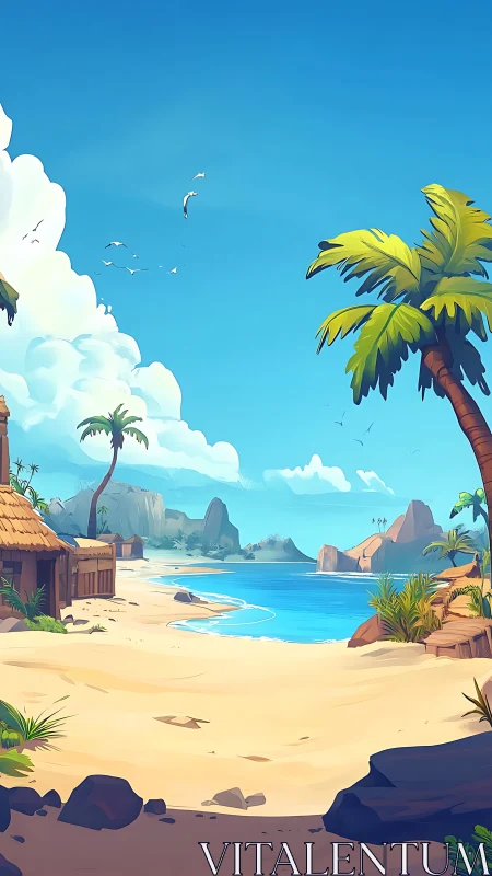 Tropical Island Beach Scene with Palm Trees and Blue Lagoon.