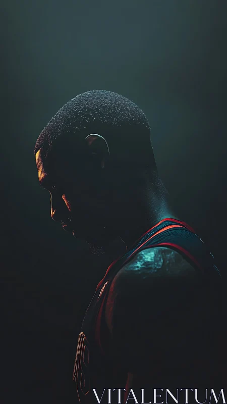 Moody sidelit basketball player captured in quiet focus.