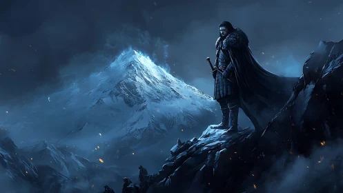 Armored ranger surveys glacial mountain ridge in cinematic blue light