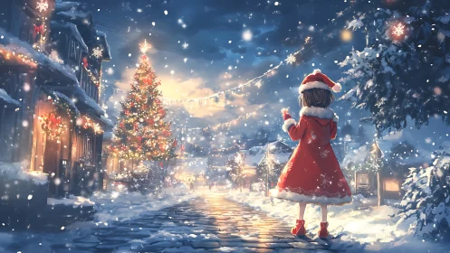 Girl in red coat observing a snowy Christmas street scene.