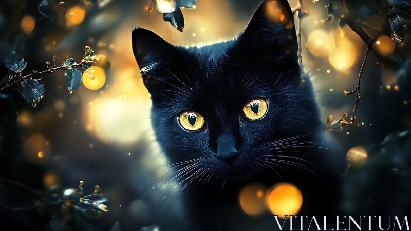 Black Feline with Aureate Ocular Luminescence in Bokeh Environment.