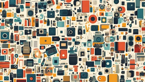 Colorful retro gadgets form dense geometric technology mosaic