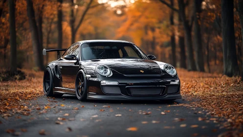 Glossy black sports car stands in a serene autumn forest road.